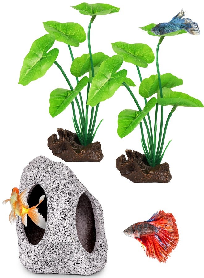 MyLifeUNIT Fish Tank Decor, Silk Aquarium Plants and Hideaway Rock Cave Decor for Betta Fish Tank Accessories, Goldfish, Turtle Tank Decorations - Image 1